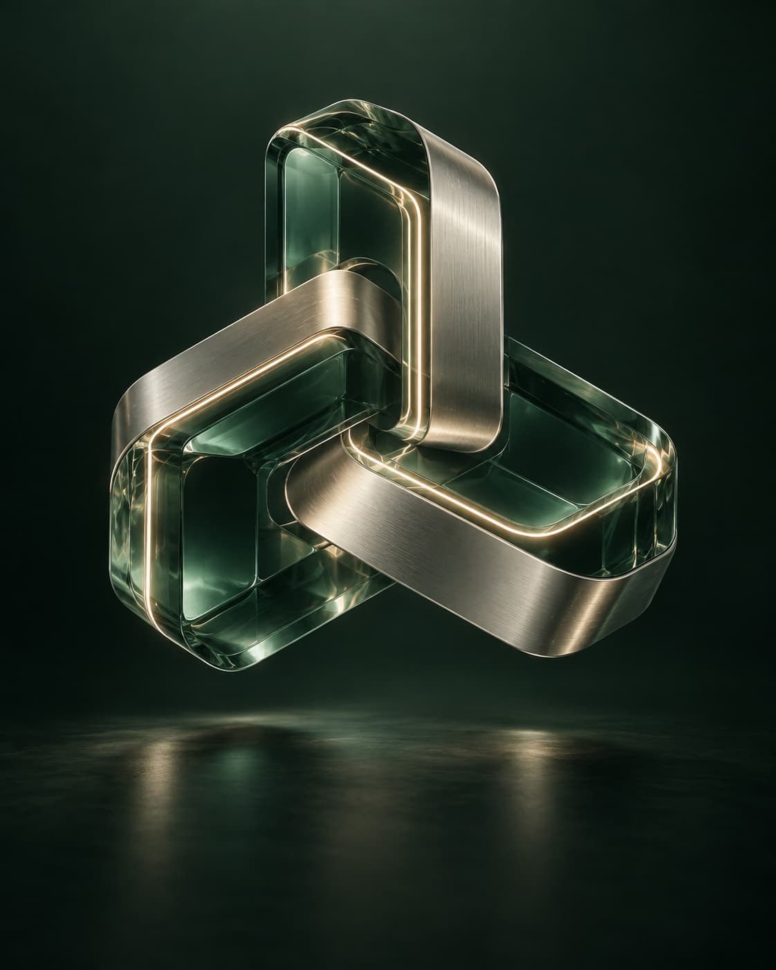 Three interlocking emerald glass and brushed metal forms connected by illuminated pathways.